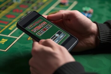 A businessman focuses intently on his smartphone, navigating a gambling app while seated at a vibrant table filled with chips and cards, immersed in the excitement of virtual betting.