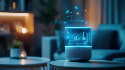 Smart speaker with holographic display showing data analytics in modern living room. ambiance is cozy and tech savvy, perfect for futuristic home environment. 