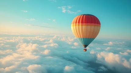 Obraz premium colorful hot air balloon flying above the clouds, adventure travel, clear blue sky 