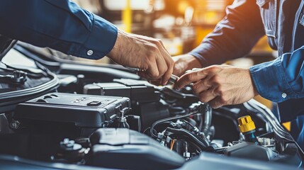Skilled Automotive Mechanic in a Garage, Intently Working on a Car Engine Amidst an Array of Tools and Machinery