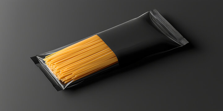 Bundle of spaghetti in sleek black plastic packaging mockup on dark surface