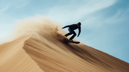 A person sandboarding on a dune, kicking up dust, with a vibrant blue sky and soft sandy slopes in the background.