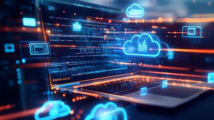 A futuristic digital workspace showcasing cloud computing with glowing icons and data analytics on a sleek laptop