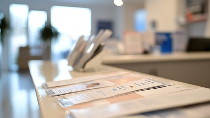 A reception area with brochures and phones, suggesting an informational or service-oriented space.