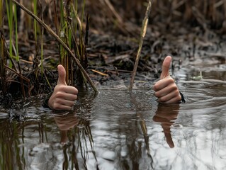 A photo of two thumbs up emerging from the water, hands sticking out from under the swamp grass. This is a drowning man who pretends that everything is still ok. Do something, it's the last moment!