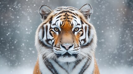 Majestic Bengal tiger in the snow, close-up portrait with snowflakes falling	