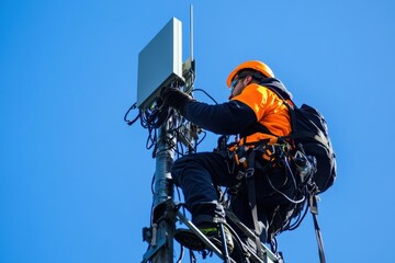 A technician wearing a safety helmet is climbing or working on a power line or repairing an internet connection.