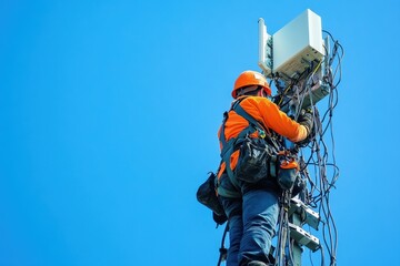 A technician wearing a safety helmet is climbing or working on a power line or repairing an internet connection.