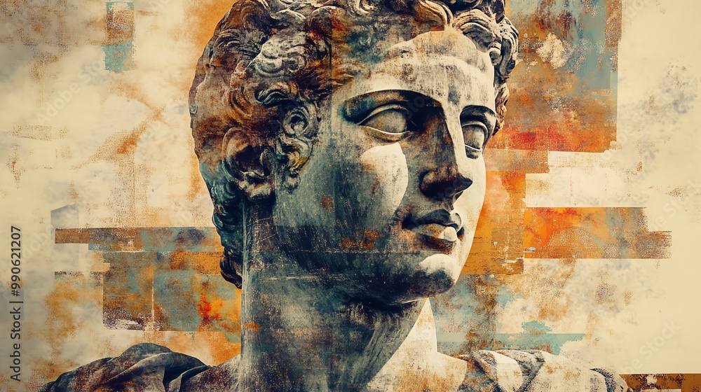 Poster a closeup of an ancient statue with abstract background