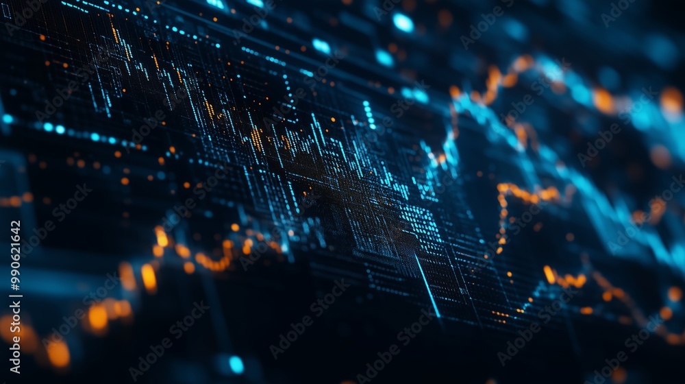 Poster digital stock market data visualizations with glowing graphs and statistics on a dark background at 