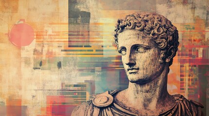 A modern art collage featuring a classical bust.