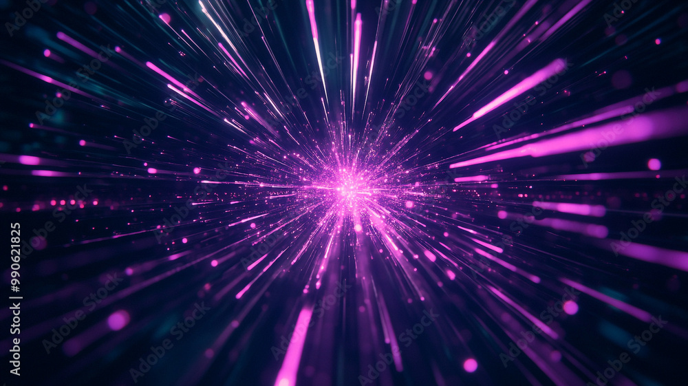 Poster radiating purple and blue light rays create a dynamic burst effect in a digital space