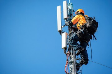 A technician wearing a safety helmet is climbing or working on a power line or repairing an internet connection.