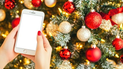 A woman's hand displays a blank smartphone in front of a beautifully decorated Christmas tree adorned with shimmering lights