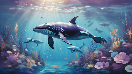Obraz premium A orca whale and its young swim among vibrant coral and other sea life in a sunlit underwater scene.