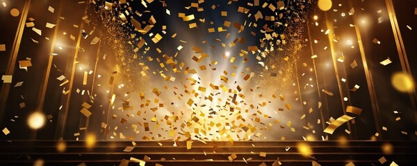 Celebratory confetti explosion at a grand event with golden sparks lighting up the atmosphere