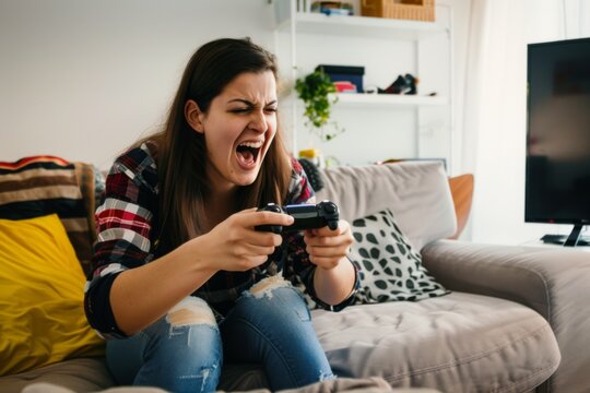 An enthusiastic gamer streams her gameplay live from a modern flat, joyfully interacting with her followers. Her energy fills the room as she plays, connecting with fans online. - Powered by Adobe