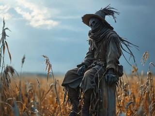 Fototapeta premium Eerie scarecrow perched in a golden cornfield under a moody sky at dusk, creating an unsettling atmosphere