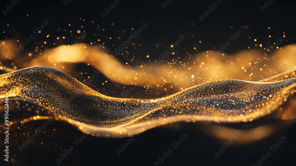 Poster golden particles move gracefully through a dark space, creating a captivating visual effect