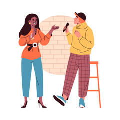 Couple with microphone host stand-up comedy show, vector artist man and woman tell jokes, humor conversation perform