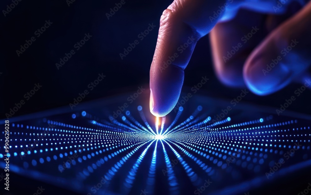 Poster finger touching a glowing digital interface with bright light patterns.