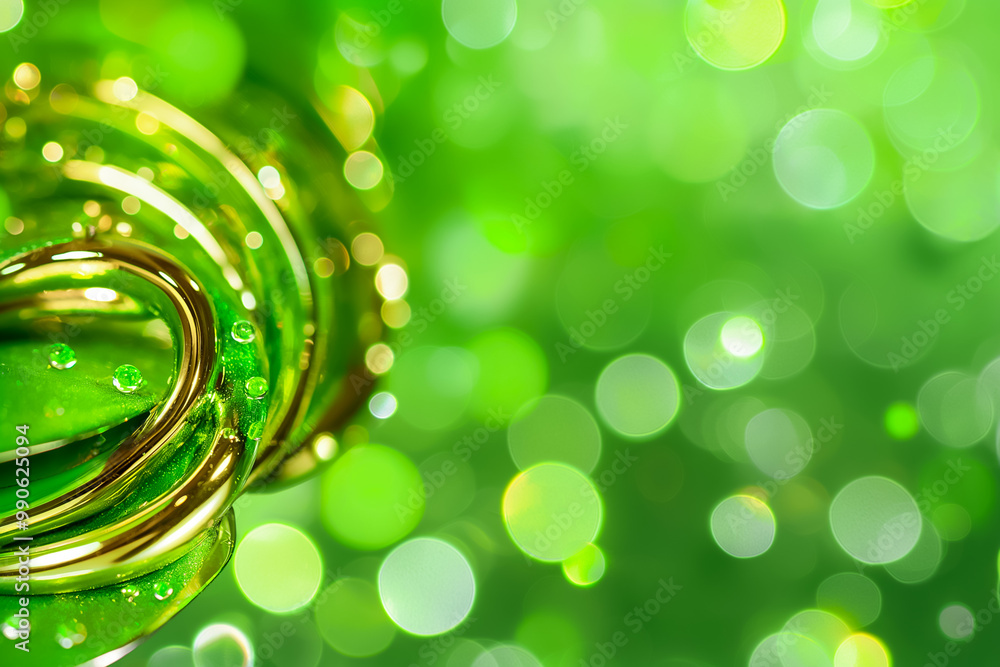 Poster bright green background adorned with circular bokeh effects, intertwining golden swirls, and a vibra