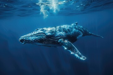 Fototapeta premium Humpback Whale Underwater in Majestic Ocean Depths with Sunlight Rays