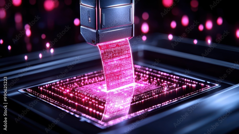 Poster futuristic technology displaying vibrant pink data on a digital interface.