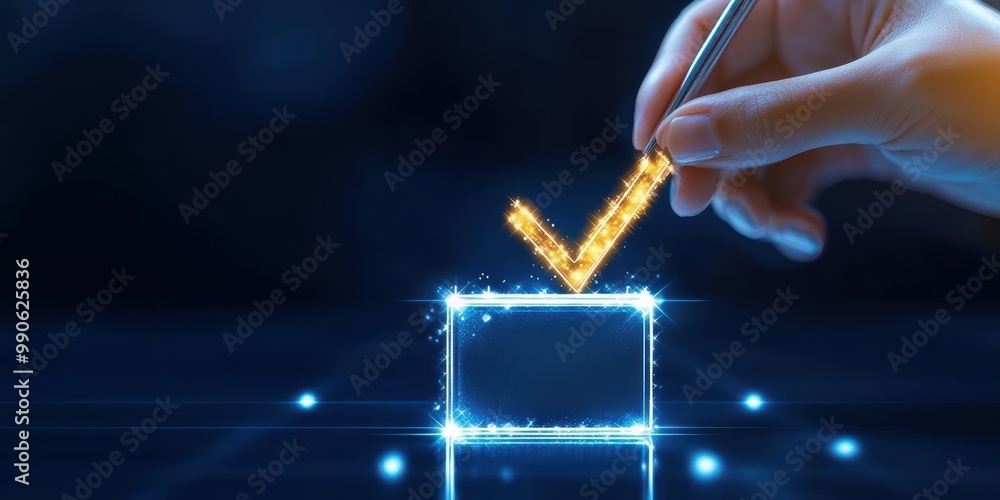 Poster hand marking a glowing check box with sparkles on a dark background.