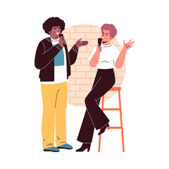 Vector illustration an open microphone, a guy and a girl comedians uttering a humorous dialogue