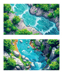 Top view spring river cartoon vector scenes. Winding azure water ripples shoreline boulders trees leaves grass meadow canyon liquid panoramic concepts