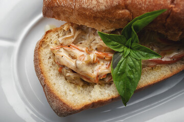 Ciabatta with seafood close up