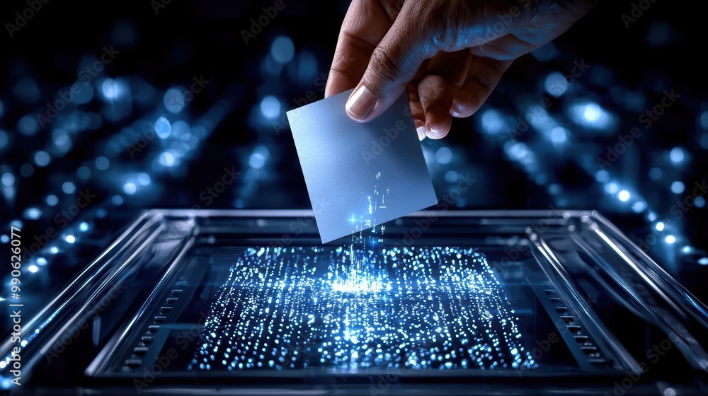 Poster hand placing card on illuminated surface with digital patterns, dark background.