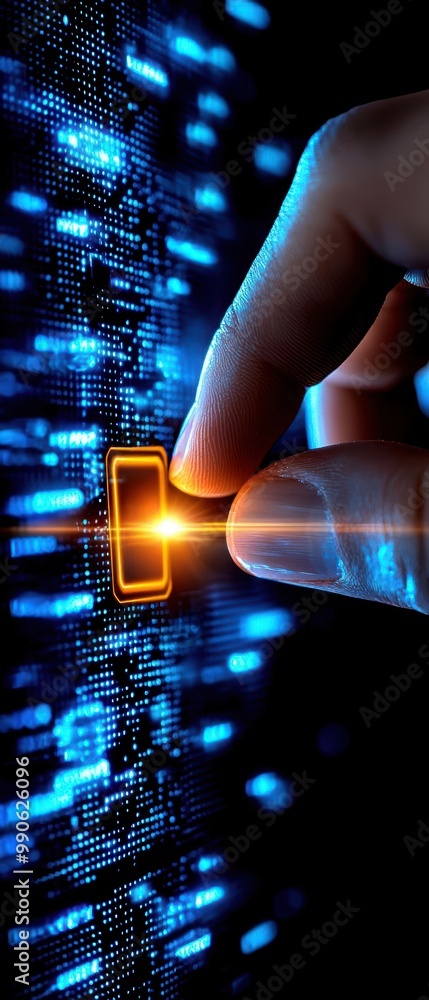 Poster hand pressing a digital button with glowing interface, futuristic design.