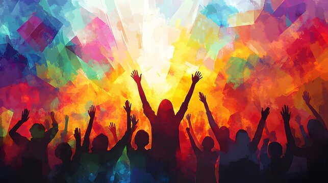 3. **Depict a group of young worshippers in silhouette, with hands raised high in praise. Surround them with abstract shapes and colors that represent a vibrant worship atmosphere, emphasizing their