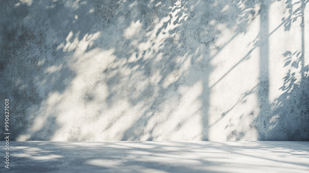 Poster sunlight filtering through leaves creates a beautiful shadow pattern on a textured wall indoors