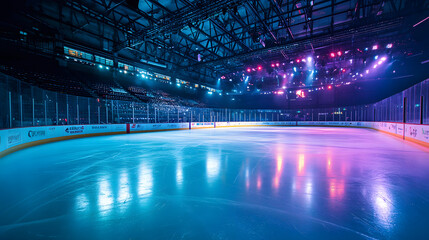 Fototapeta premium Imagine 3dIlluminated hockey ice rink in a large arena ready at nighttime 