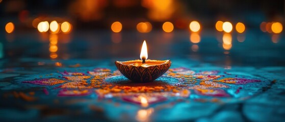 A glowing oil lamp illuminates a vibrant mandala on a serene surface, creating a peaceful ambiance for reflection.
