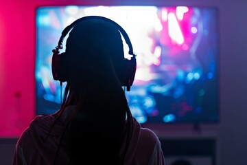 A girl is immersed in gaming as she plays on a large screen, wearing headphones and holding a joystick. The vibrant neon lights enhance the exciting atmosphere of online adventures.