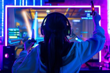A girl wearing headphones enthusiastically plays an adventure game on a large screen. Surrounded by vibrant neon lights, she holds a joystick, deeply engaged in online competition with friends.