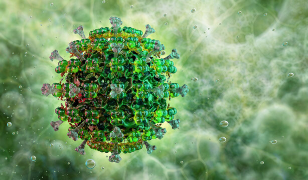 Retrovirus viral structure. Genetic material integration into host cell, reverse transcriptase. Chronic infections, HIV, AIDS, cancer. Retrovirus medical science, RNA virus microscopic 3D illustration