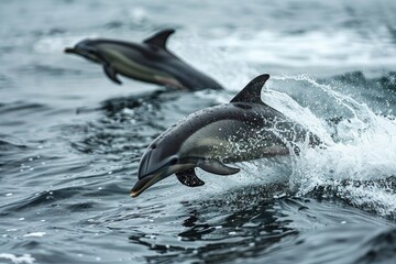 Playful Dolphins Leaping Through Ocean Waves at Sunset