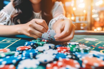In a lively casino, a girl dealer expertly shuffles poker cards while surrounded by brightly colored chips, embodying the excitement of card games and the gaming business.