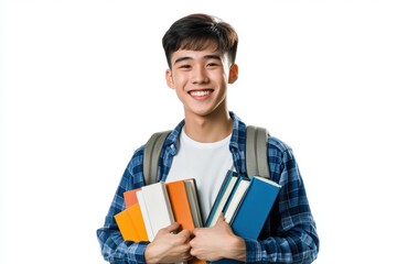 Obraz premium a young Asian student smiles at the camera while hugging books and carrying a backpack. His expression reflects confidence and excitement, capturing the essence of academic life and student enthusiasm