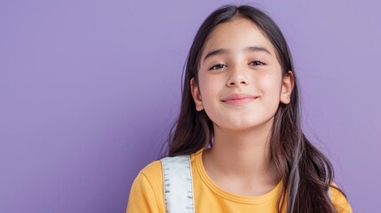 Studio image of a happy young teen ready for school, light purple background.