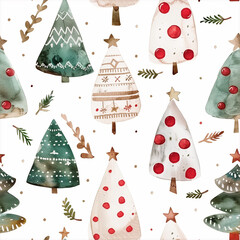 Watercolor Christmas Tree Seamless Pattern with Holiday Decorations