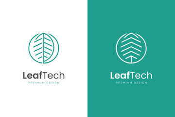 Leaf tech line logo icon design with circle and growth symbol brand technology nature logo design