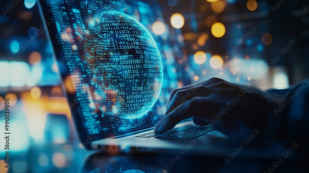 Poster a person using a laptop to analyze data with digital elements of a globe in a vibrant, tech-inspired