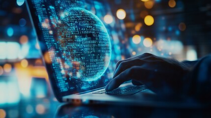 A person using a laptop to analyze data with digital elements of a globe in a vibrant, tech-inspired setting at night