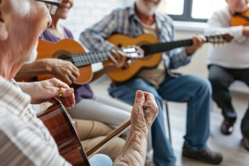 A group of seniors play musical instruments with enthusiasm in a warm setting, showcasing their passion for music and community connection.